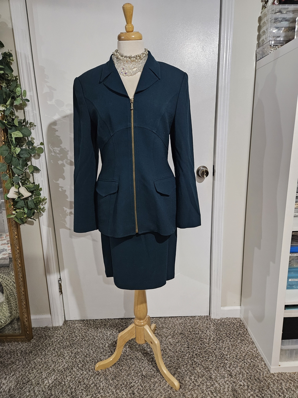 Structured Zip-Front Teal/Green Skirt Suit